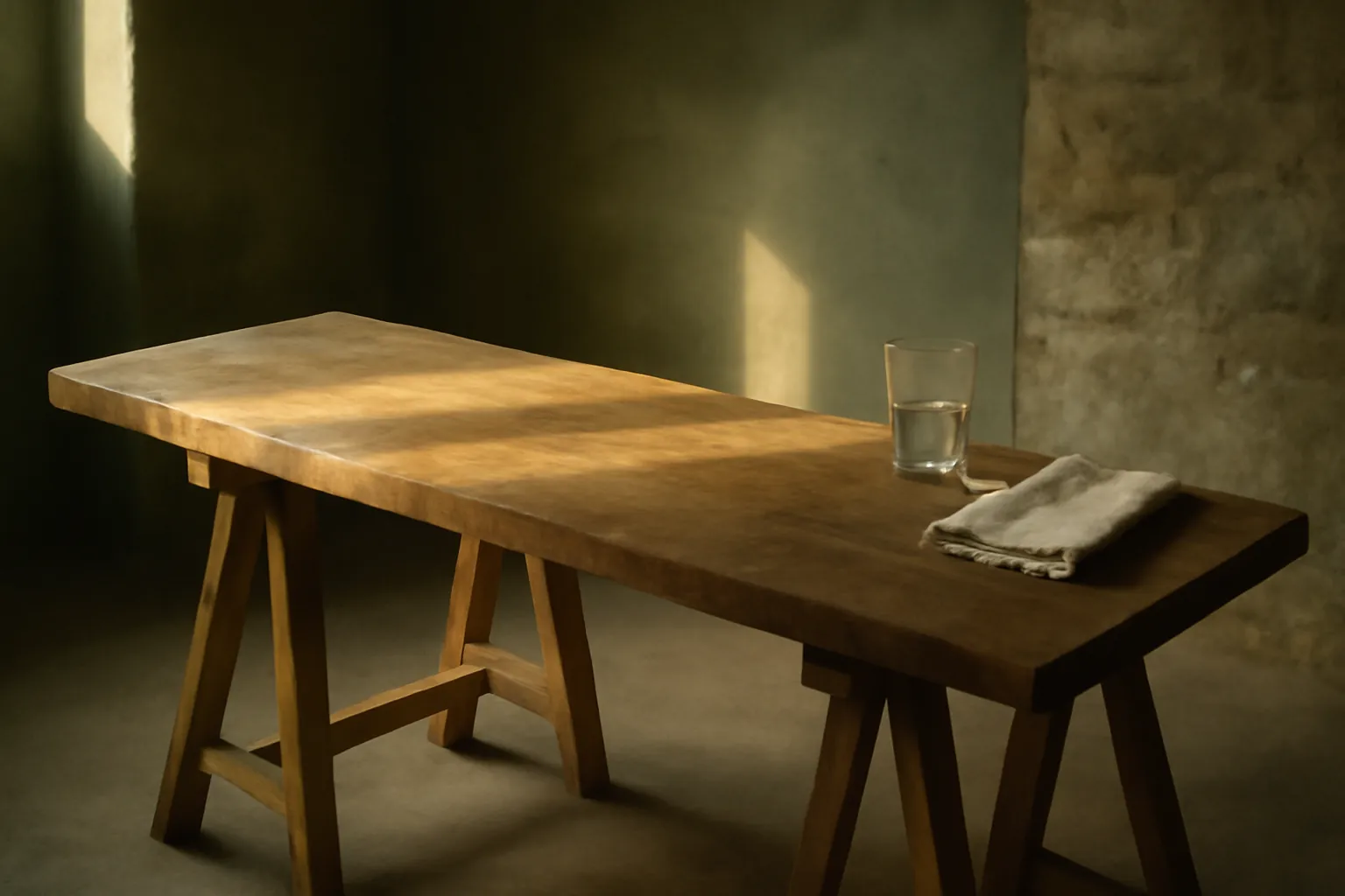 Plateau de chêne brut posé sur tréteaux, lumière rasante