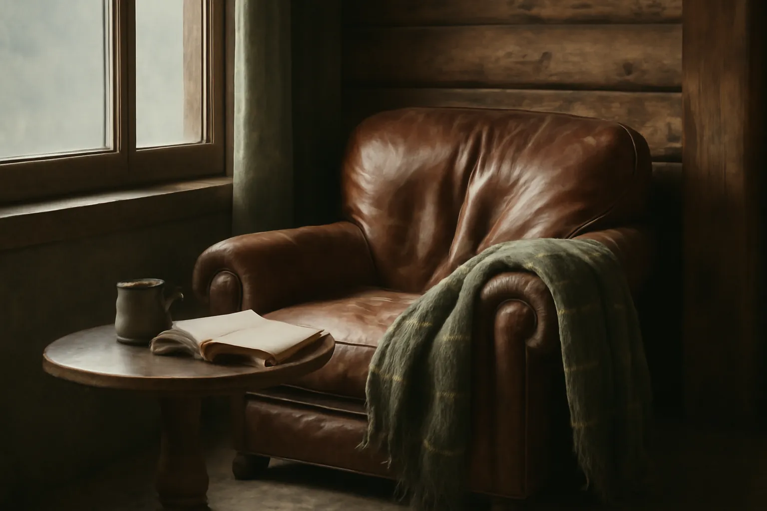 Fauteuil de cuir près d'une fenêtre, plaid de laine plié sur l'accoudoir