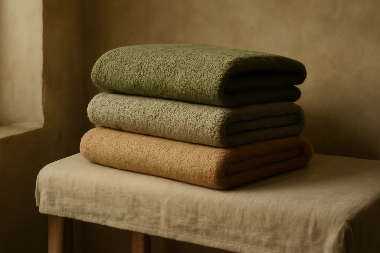 Plaid de laine épaisse plié sur un canapé en lin clair