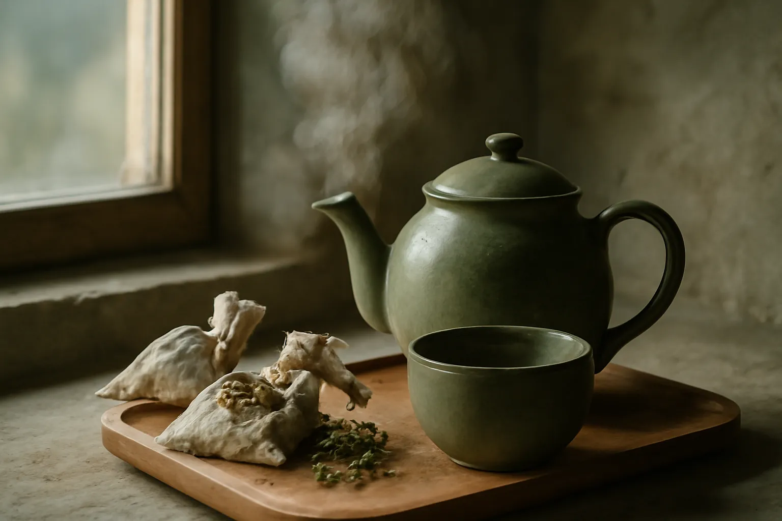 Tasse de tisane fumante sur une table de bois, brins d'herbes séchés