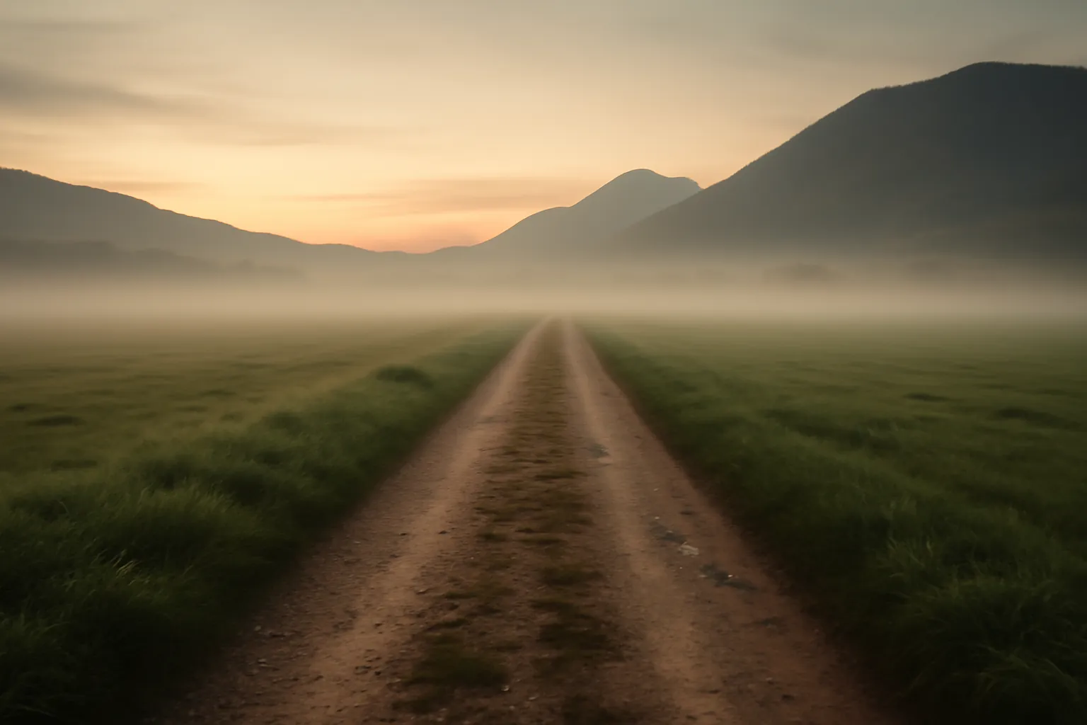 Sentier de campagne au lever du jour, brume sur les prés