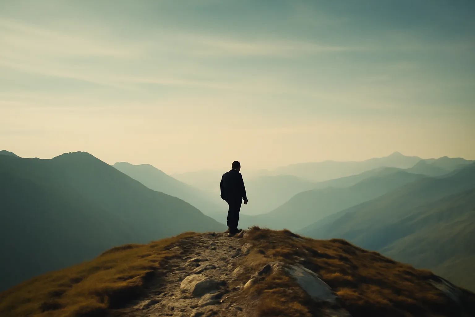 Marcheur de dos sur un col, ciel dégagé et lointain