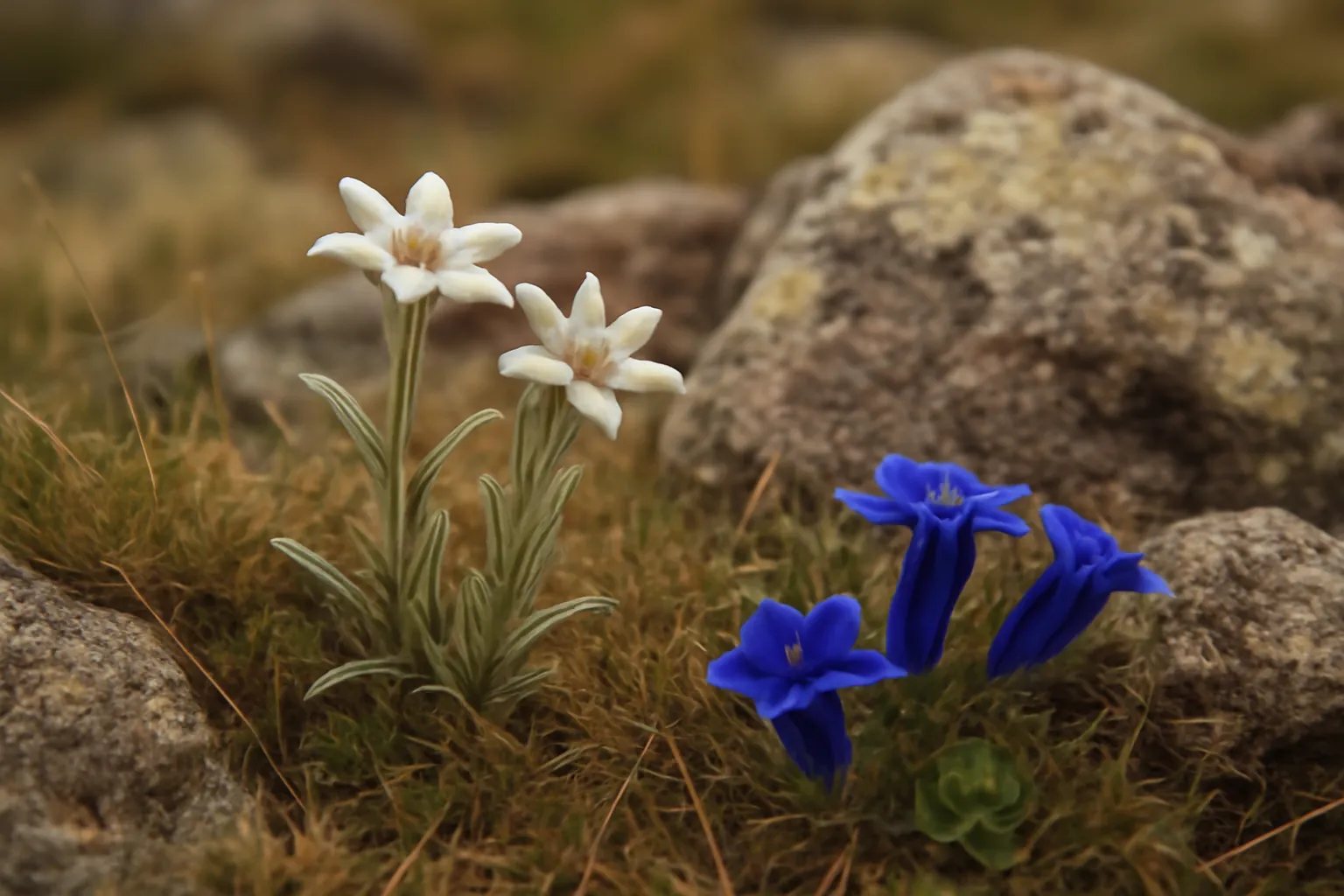Floraison d'edelweiss et de gentianes sur un alpage rocailleux