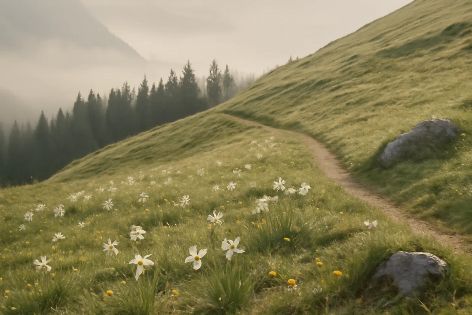 Prairie en pente douce avec fleurs jaunes, matinée claire