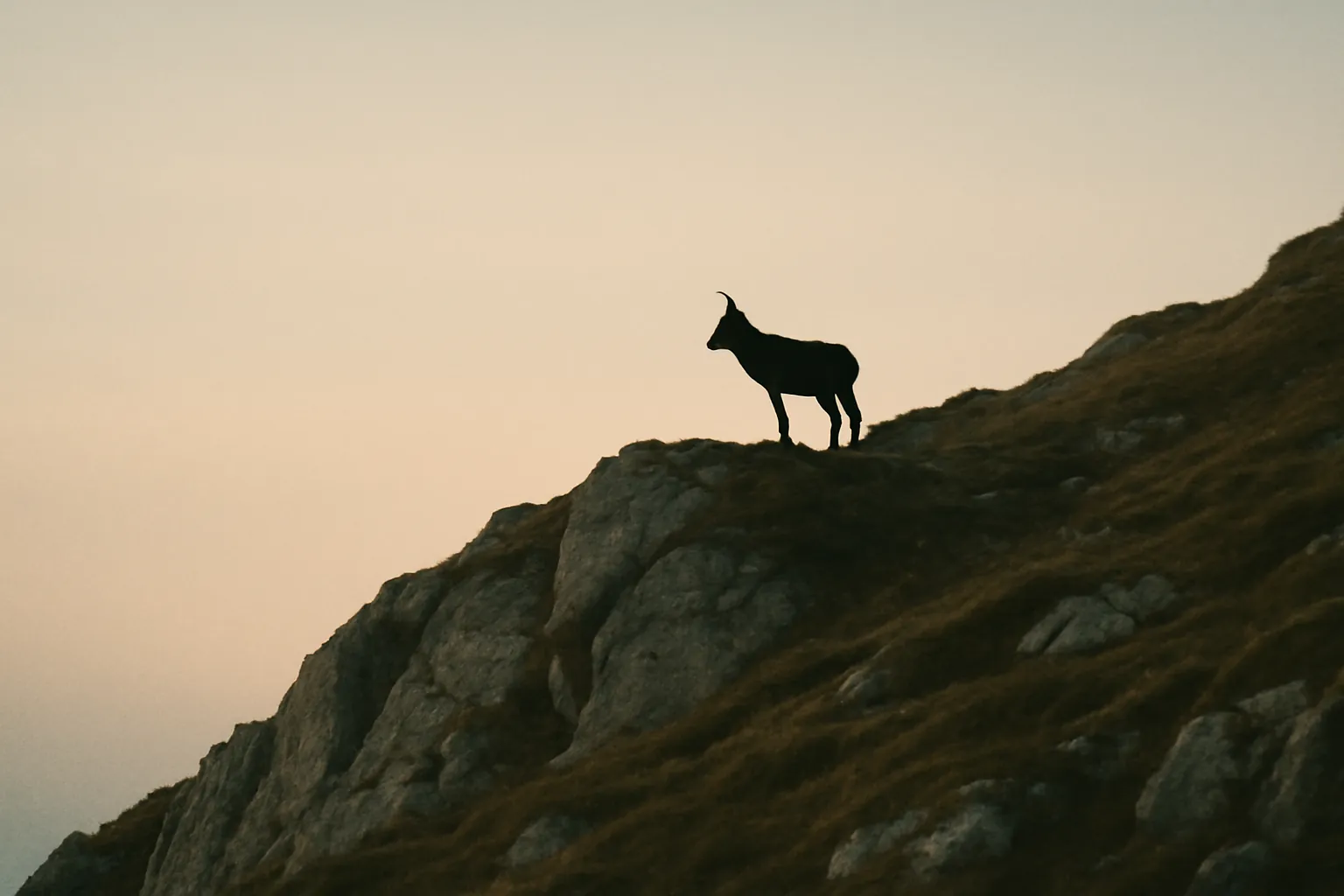 Silhouette de chamois sur une crête rocheuse au petit matin