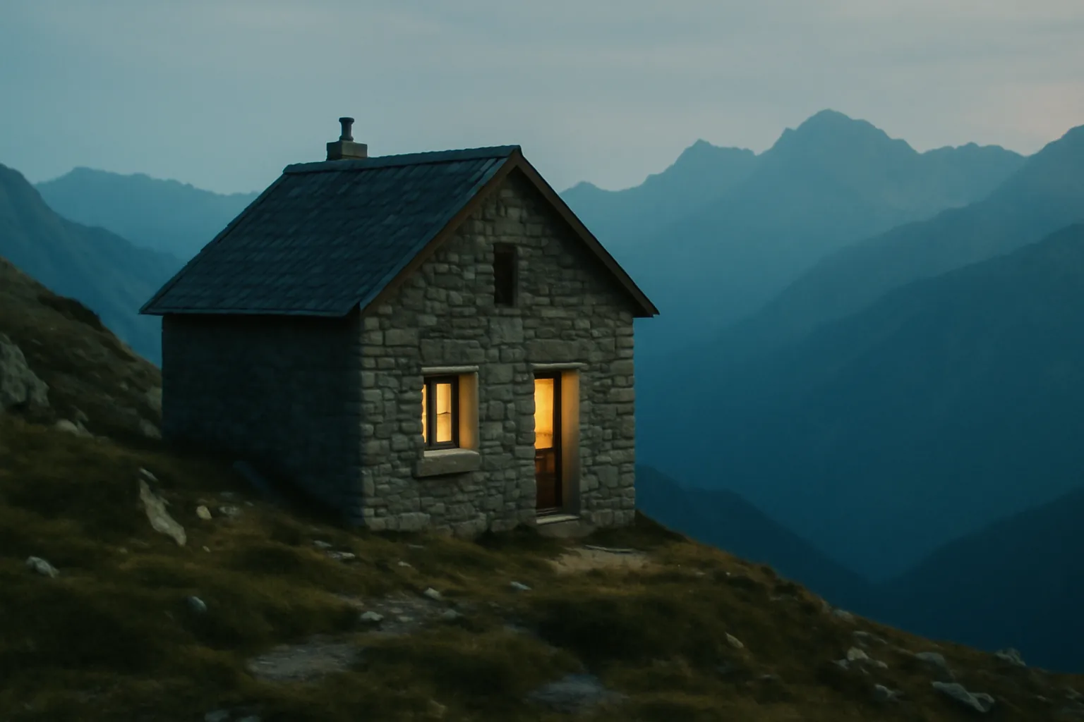 Vue d'un refuge de pierre au crépuscule, lumière chaude aux fenêtres