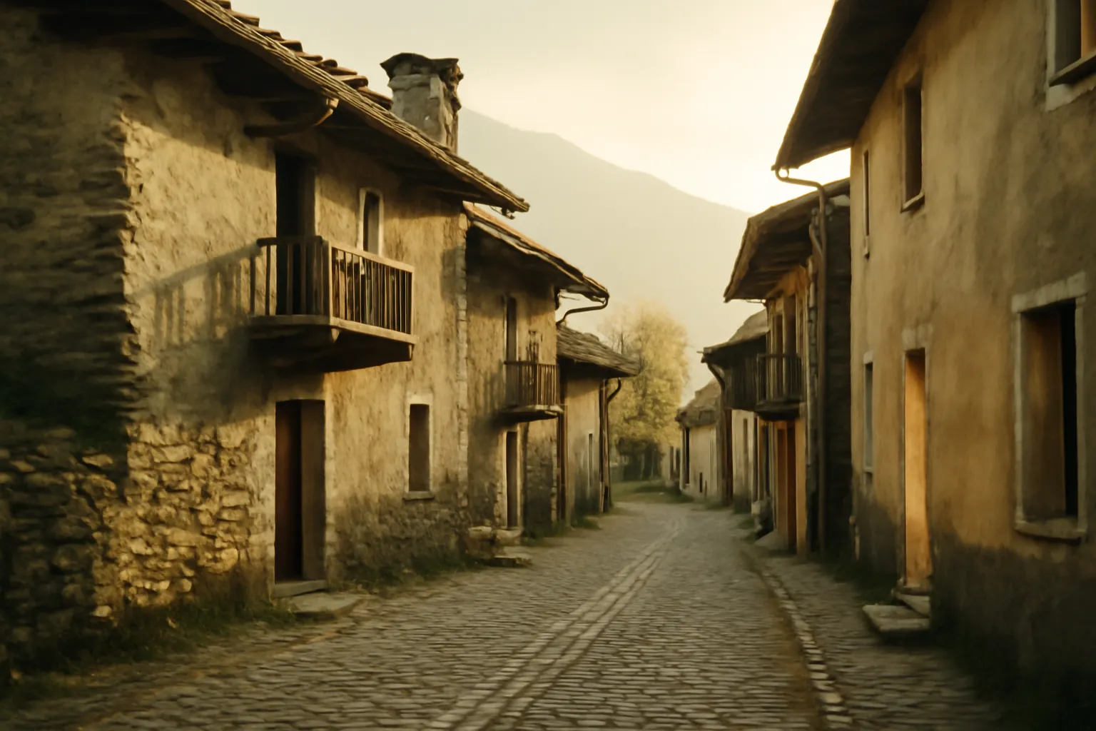 Toits d'ardoise d'un hameau alpin sous une brume légère