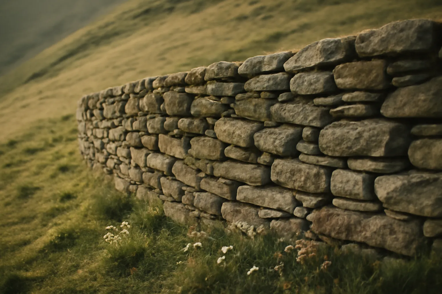 Mur de pierres sèches en pente, mousse claire dans les joints